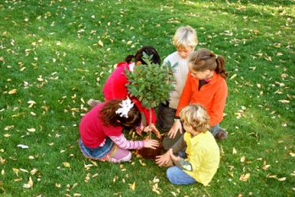 group of five children planting a tree - tips for green living and getting involved