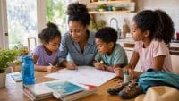 A Summer Routine That Gives Kids Structure Without Overscheduling 1 Parent and children planning a summer routine for kids at the kitchen table with a calendar and books.