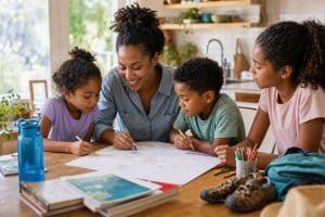 A Summer Routine That Gives Kids Structure Without Overscheduling 7 Parent and children planning a summer routine for kids at the kitchen table with a calendar and books.