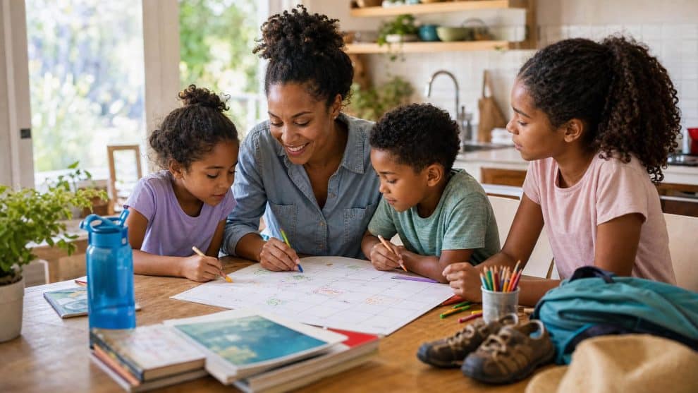 A Summer Routine That Gives Kids Structure Without Overscheduling 7 Parent and children planning a summer routine for kids at the kitchen table with a calendar and books.