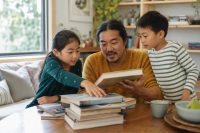 Parent and children choosing books together for a gentle reading routine reboot.