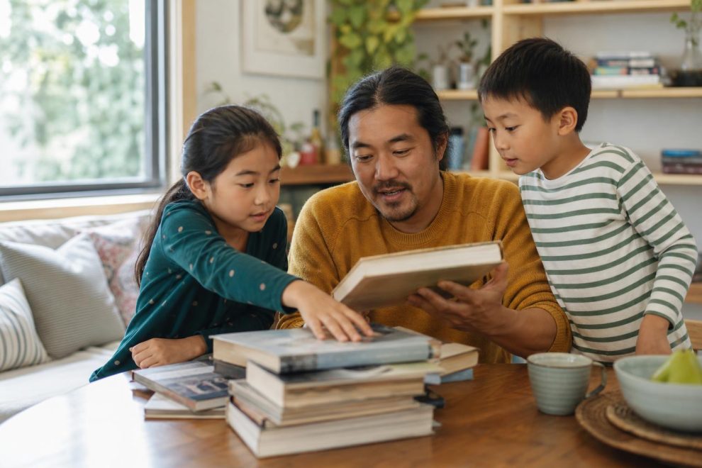 Reading Routine Reboot: A Simple Way to Help Kids Love Books Again 7 Parent and children choosing books together for a gentle reading routine reboot.