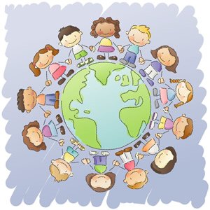 Sharing is caring - children holding hands around globe