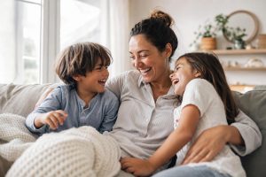 A happy parent laughing with two children at home, illustrating practical parenting tips for everyday family life