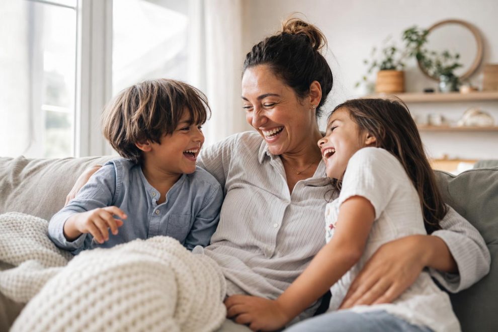 101 Parenting Tips That Actually Work (By Age and Stage) 15 A happy parent laughing with two children at home, illustrating practical parenting tips for everyday family life