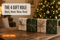 The 4 Gift Rule: How Want, Need, Wear, Read Actually Works in a Real House 1 The 4 gift rule laid out as four wrapped Christmas gifts on a wooden table beside a lit tree