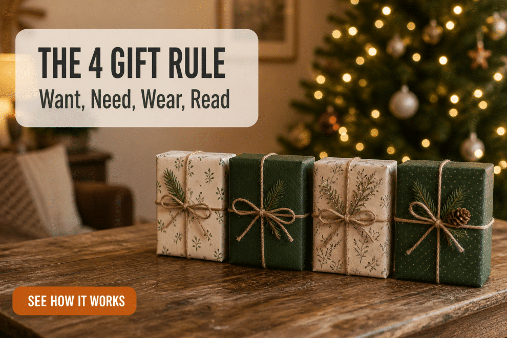 The 4 gift rule laid out as four wrapped Christmas gifts on a wooden table beside a lit tree