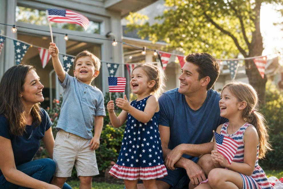 4th of July Activities for Kids: Simple, Joyful Ideas the Whole Family Will Love 15 4th of July activities for kids — a family with young children in a sunny backyard decorated red, white, and blue, kids waving small American flags and laughing.