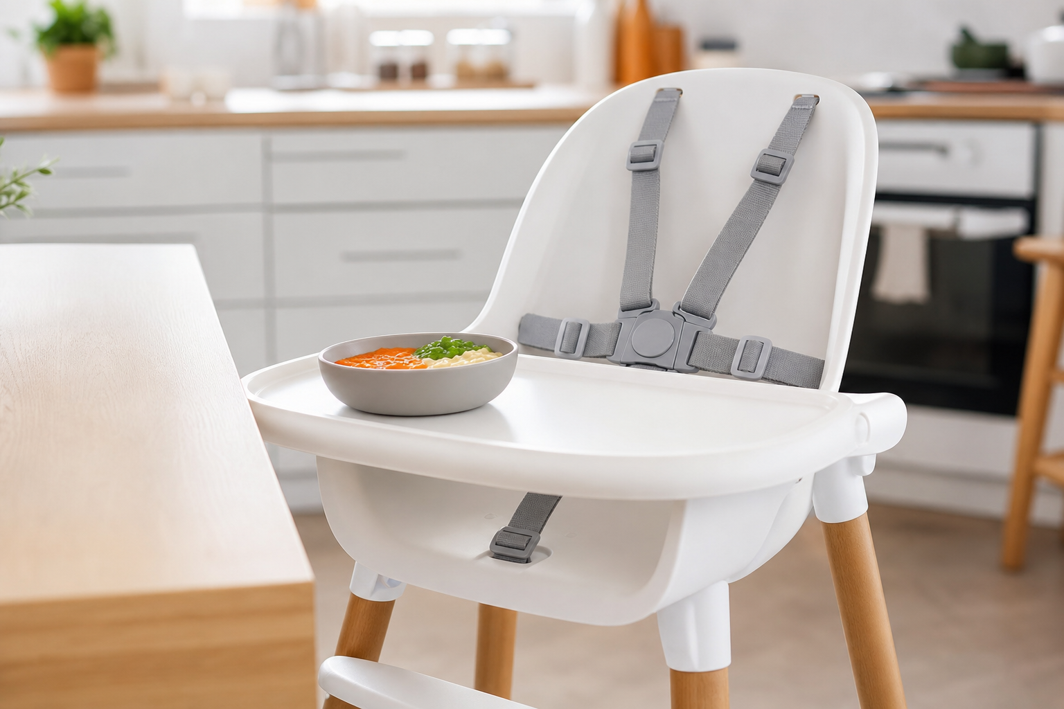 5 Tips To Help Prevent Highchair Injuries 17 highchair safety tips — modern highchair with five-point safety harness fastened at kitchen table