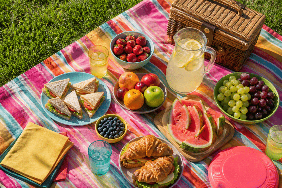 summer ideas for kids colorful family picnic spread on green park grass