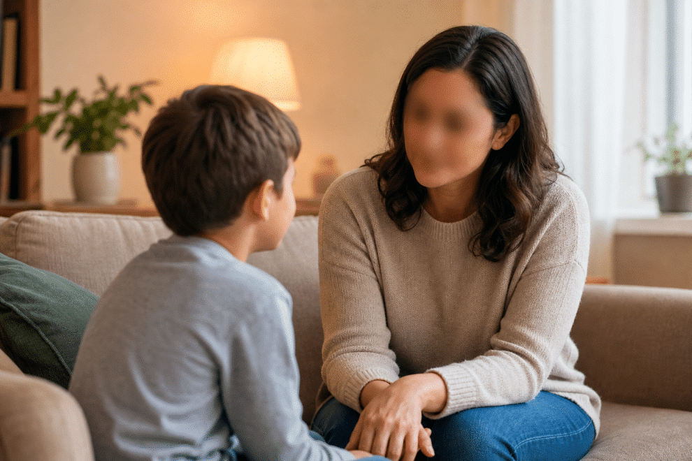 child behavior tips for parents — parent having calm conversation with child at eye level