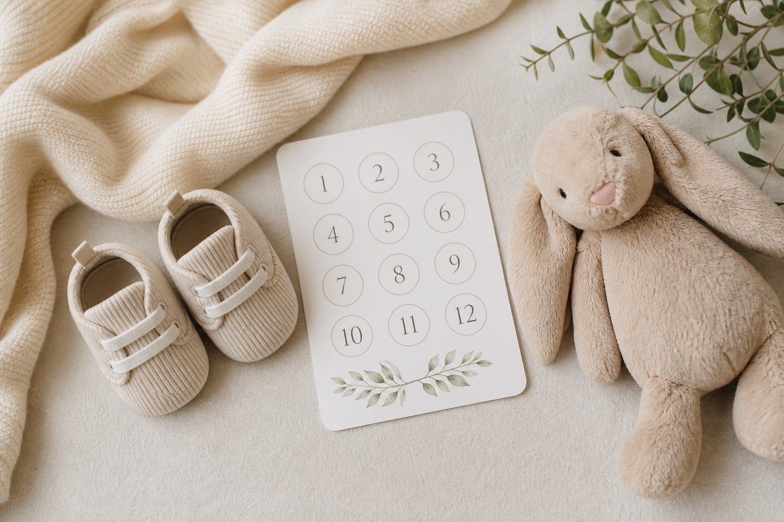 A Guide to Baby's First Milestones 17 baby first milestones — tiny newborn shoes, milestone card and stuffed rabbit on soft nursery backdrop