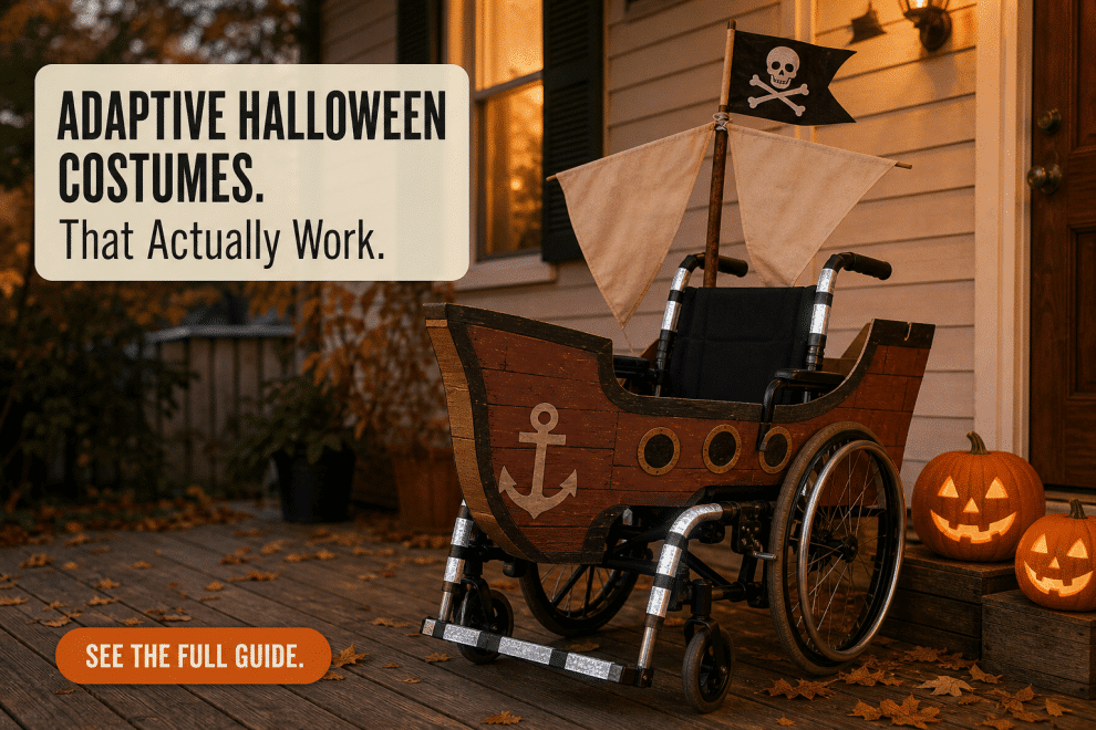 Decorated child's wheelchair on a front porch at dusk styled as a pirate ship with pumpkins and reflective safety tape, adaptive halloween costumes idea
