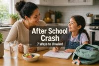 After School Restraint Collapse: 7 Ways to Help Kids Unwind 5 A tired child leaning into a parent after school, illustrating after school restraint collapse with a warm kitchen reset