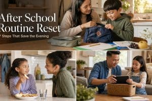 after school routine with a parent and child unpacking a backpack together under the headline After School Routine Reset