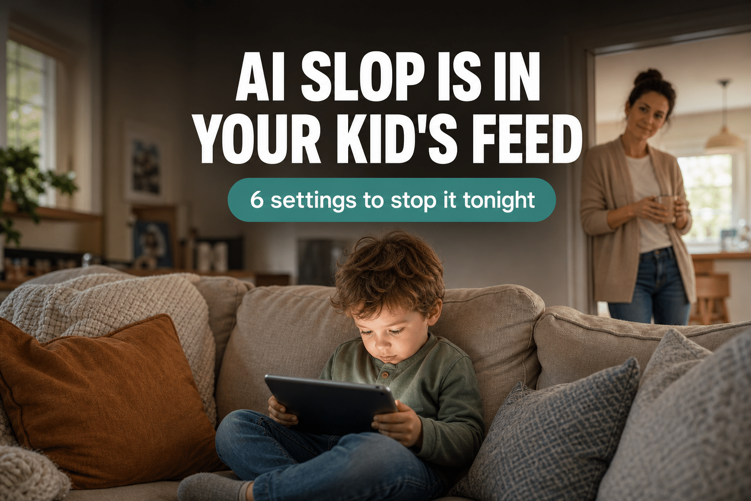 A toddler watching AI slop videos on a tablet while a parent looks on in a bright family kitchen