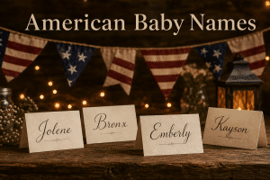 Collection of American baby names on ivory name cards with soft red-white-and-blue bunting, string lights, and warm lamplight