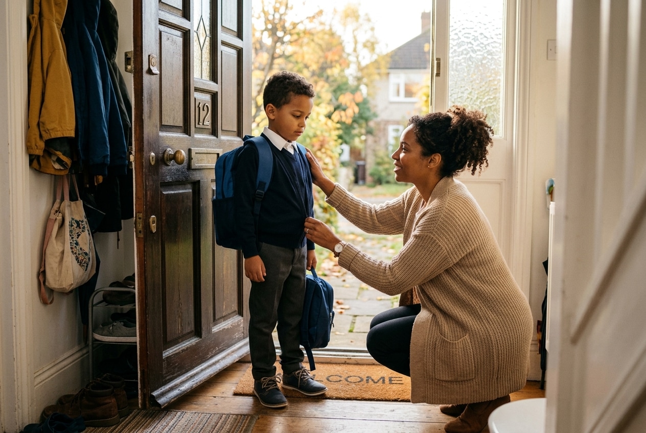 How to Help an Anxious Child: Gentle, Calm Steps for Every Family 9 Child and parent at the front door, child taking a deep breath before school, parent kneeling beside them with a steady, calm expression, warm morning light.