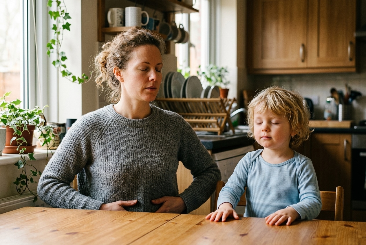 How to Help an Anxious Child: Gentle, Calm Steps for Every Family 8 A parent and child doing slow belly breathing together at a kitchen table, warm natural light, calm everyday moment at home.