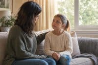 How to Help an Anxious Child: Gentle, Calm Steps for Every Family 1 How to help an anxious child — parent sitting beside child on a couch, one hand gently on the child's back, warm natural light, calm home setting.