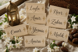 Collection of Arabic baby names on cream name cards with a brass lantern, jasmine blossoms, and warm golden morning light