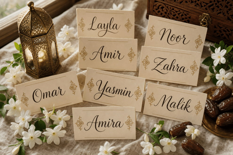 Collection of Arabic baby names on cream name cards with a brass lantern, jasmine blossoms, and warm golden morning light