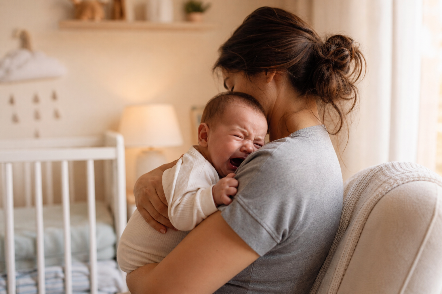 Baby Colic - Causes and Treatment 16 baby colic soothing - mother holding fussy infant in nursery