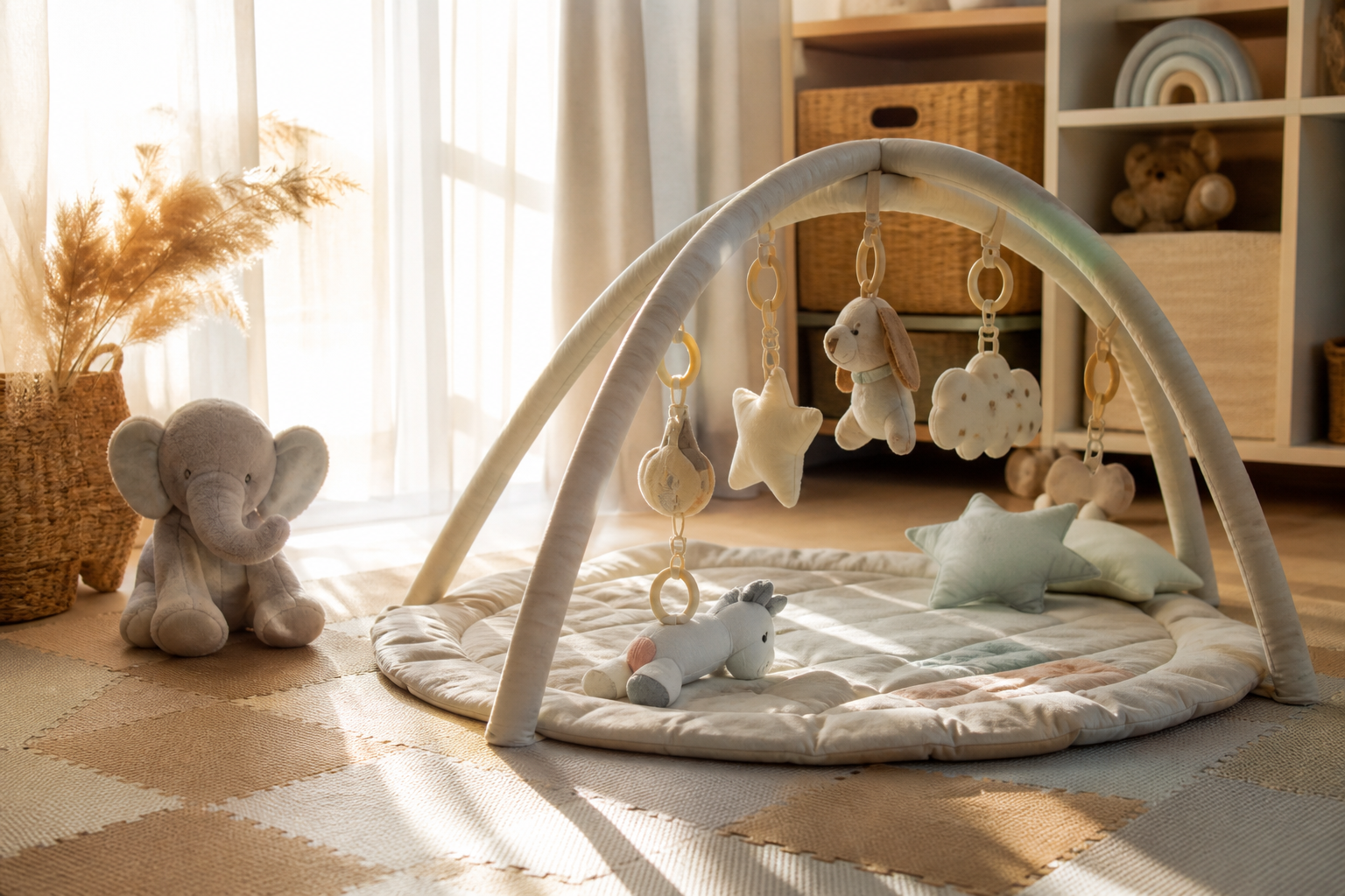 Baby Development - Why Play Matters 17 baby play development — sunlit nursery play area with baby gym arch and soft foam mat