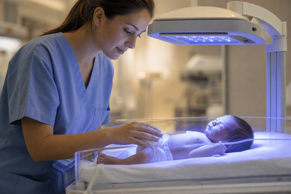 newborn jaundice — infant under phototherapy light in hospital nursery