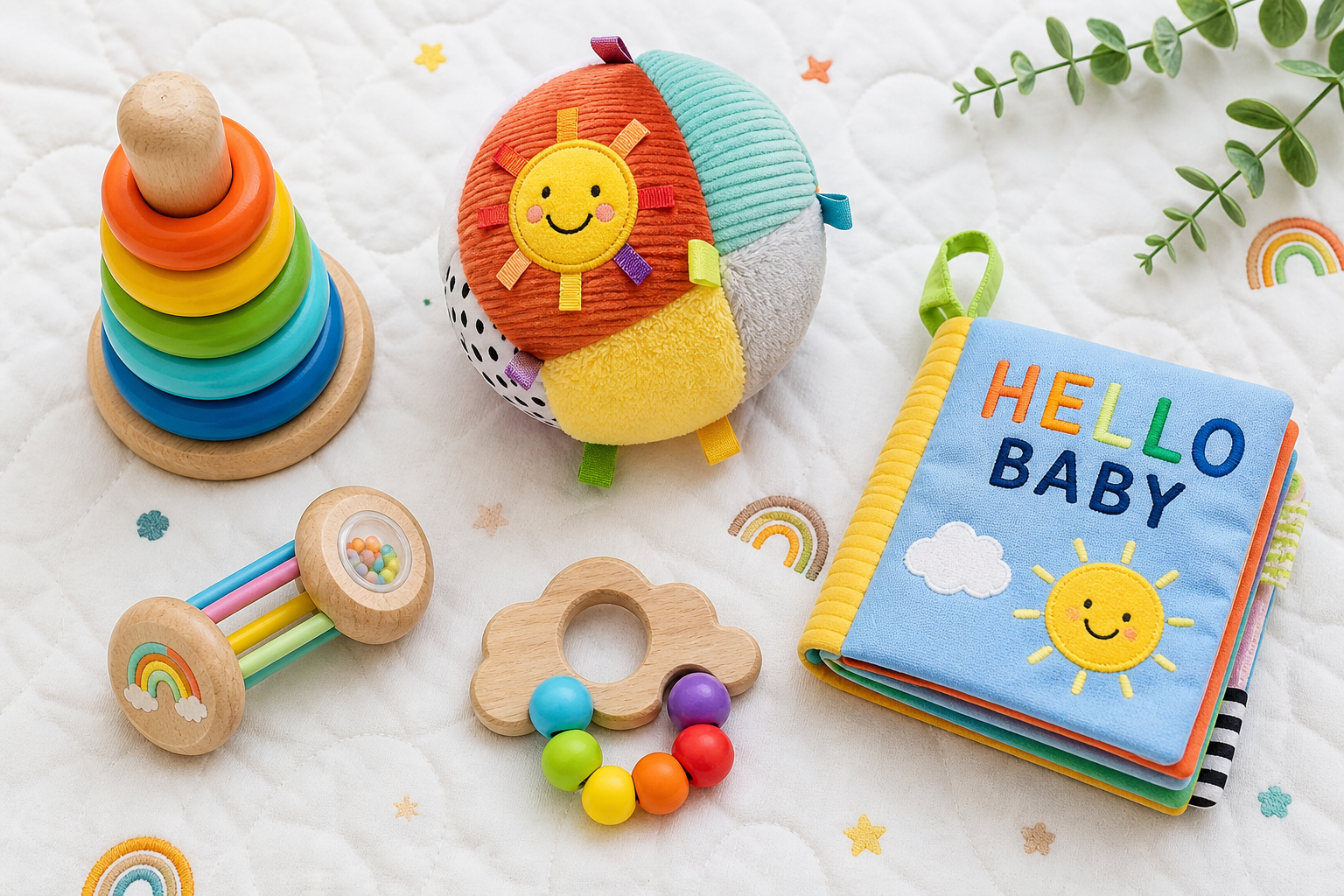 Baby Milestones - The First Year 17 baby milestones first year — colorful developmental toys on a soft white play mat