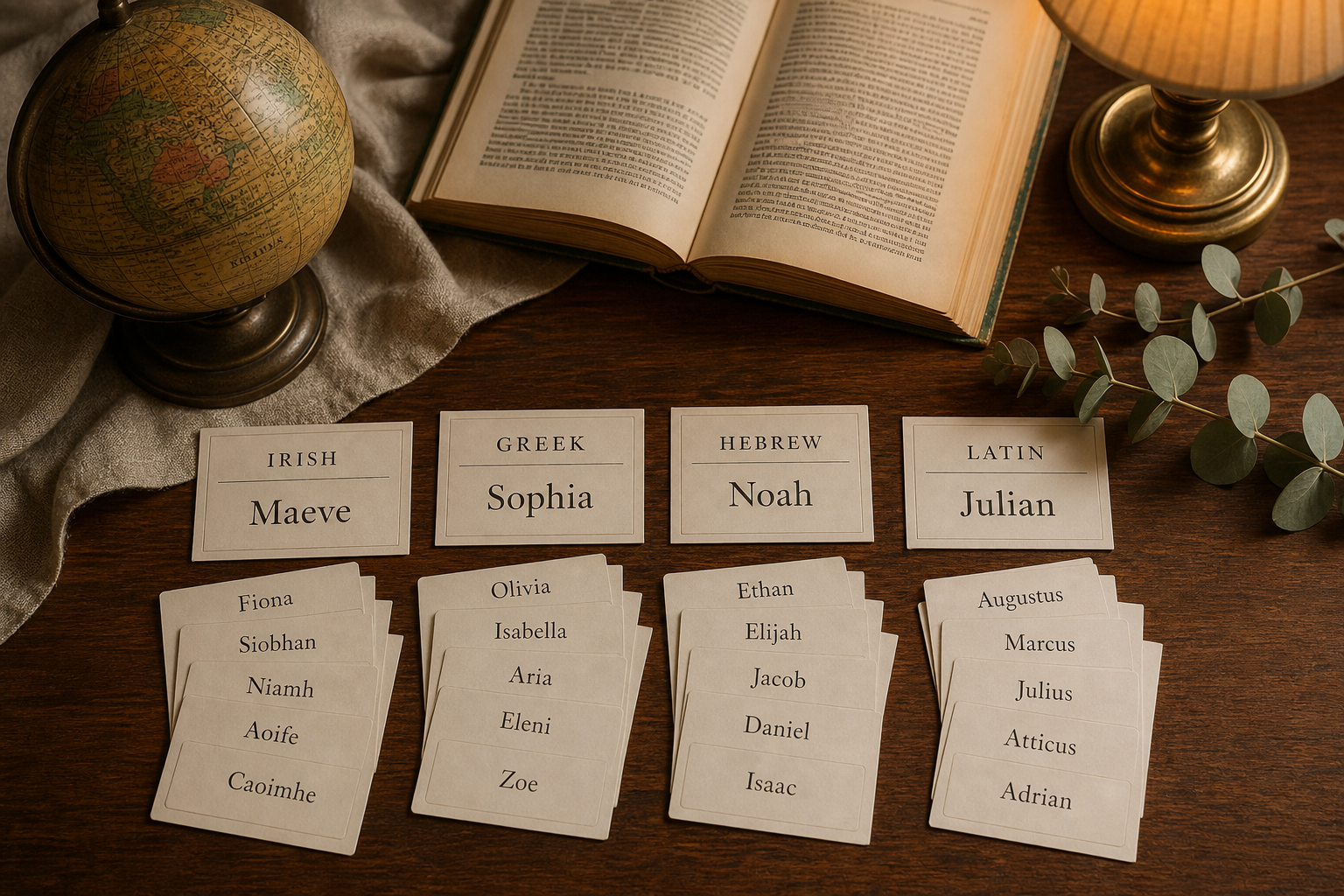 25,000 Baby Names with Meanings: A Simple, Joyful Way to Find the One 19 Cozy flat-lay with a small globe and name cards grouped by origin: Irish, Greek, Hebrew and Latin