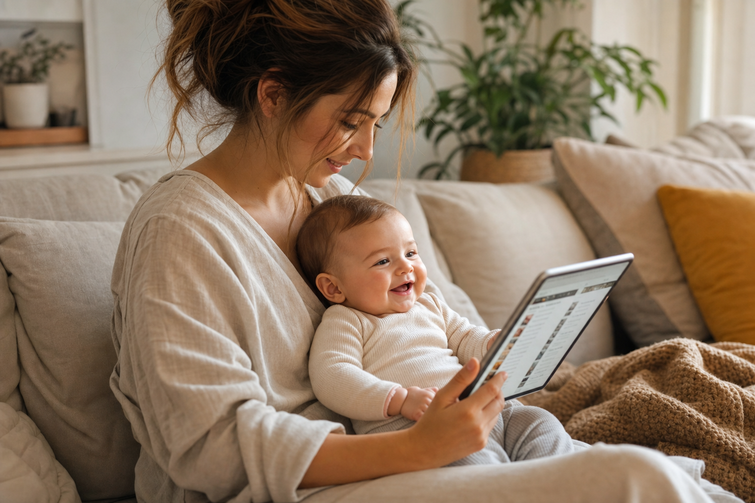 25,000 Baby Names with Meanings: A Simple, Joyful Way to Find the One 17 A mother holding her baby on her lap while browsing the baby name directory on a tablet