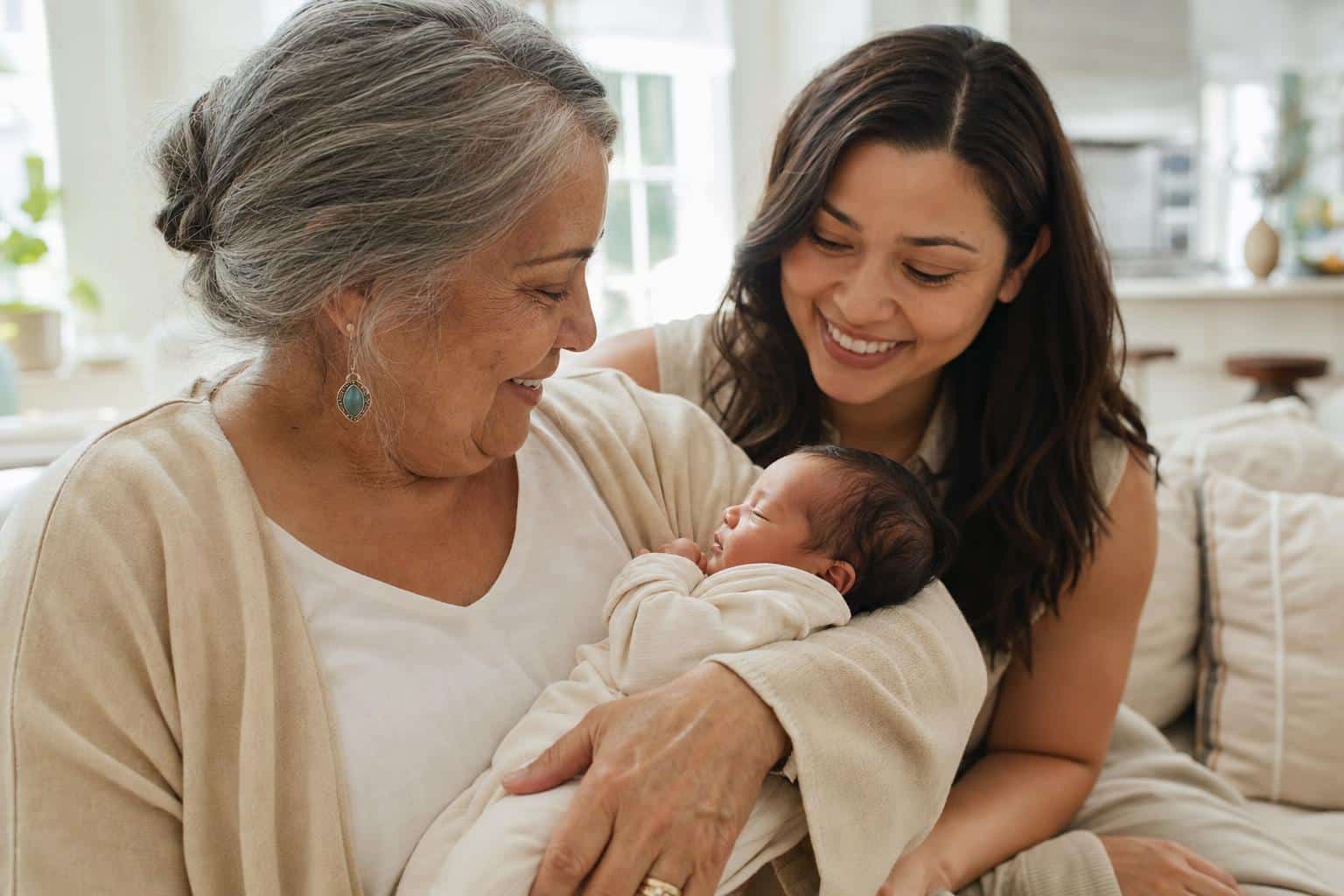 How to Choose a Baby Name: 25 Simple Tips You'll Love 9 A grandmother gently cradling a newborn while the baby's mother leans in beside them, three generations sharing a warm, joyful moment in sunlit room.