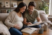 How to Choose a Baby Name: 25 Simple Tips You'll Love 1 How to choose a baby name — an expectant couple sitting together on a sofa, leaning over a notebook and a baby name book, smiling as they talk through names.