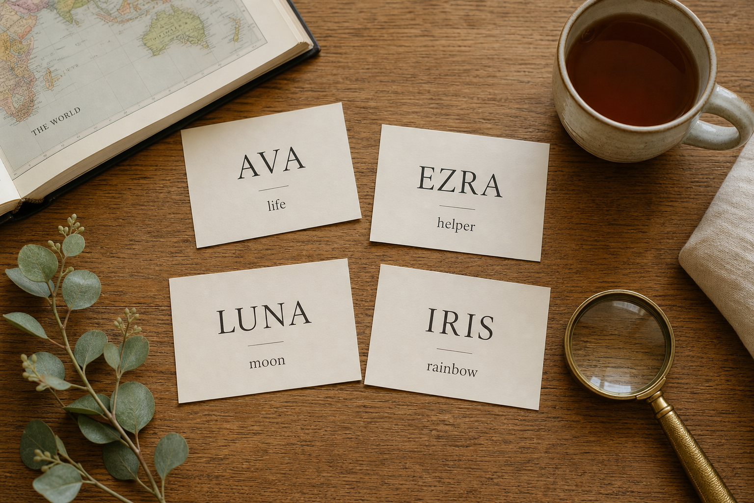 25,000 Baby Names with Meanings: A Simple, Joyful Way to Find the One 16 Overhead flat-lay of cream name cards showing baby names and meanings like Ava life, Luna moon, Iris rainbow