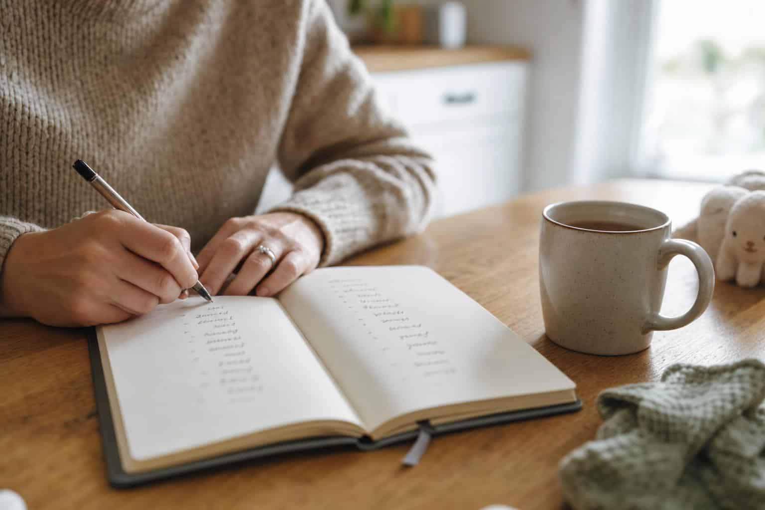 How to Choose a Baby Name: 25 Simple Tips You'll Love 8 A parent's hands writing a shortlist of baby names in a notebook at a kitchen table, a cup of tea nearby, warm natural light.