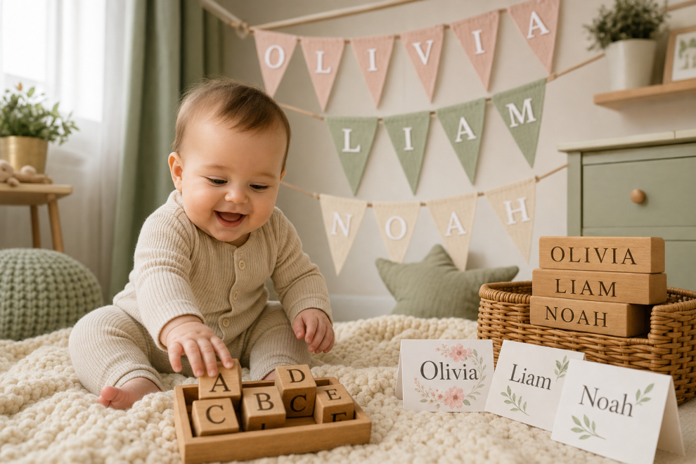 25,000 Baby Names with Meanings: A Simple, Joyful Way to Find the One 15 Baby names with meanings — a smiling baby in a cozy nursery with pastel bunting spelling Olivia, Liam and Noah.