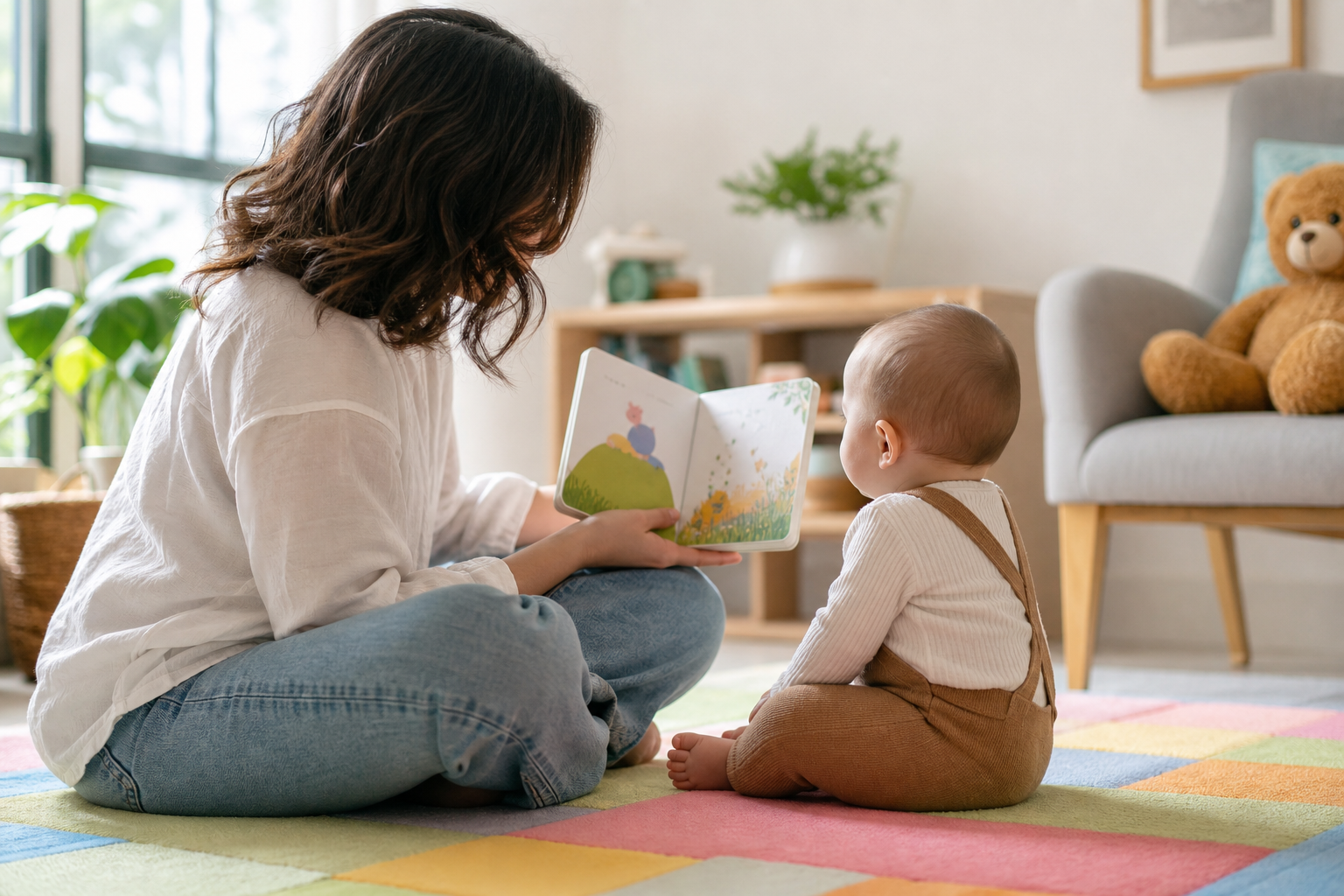 Baby Language Milestones and Speech Development 16 baby speech development - mother reading to baby on play mat