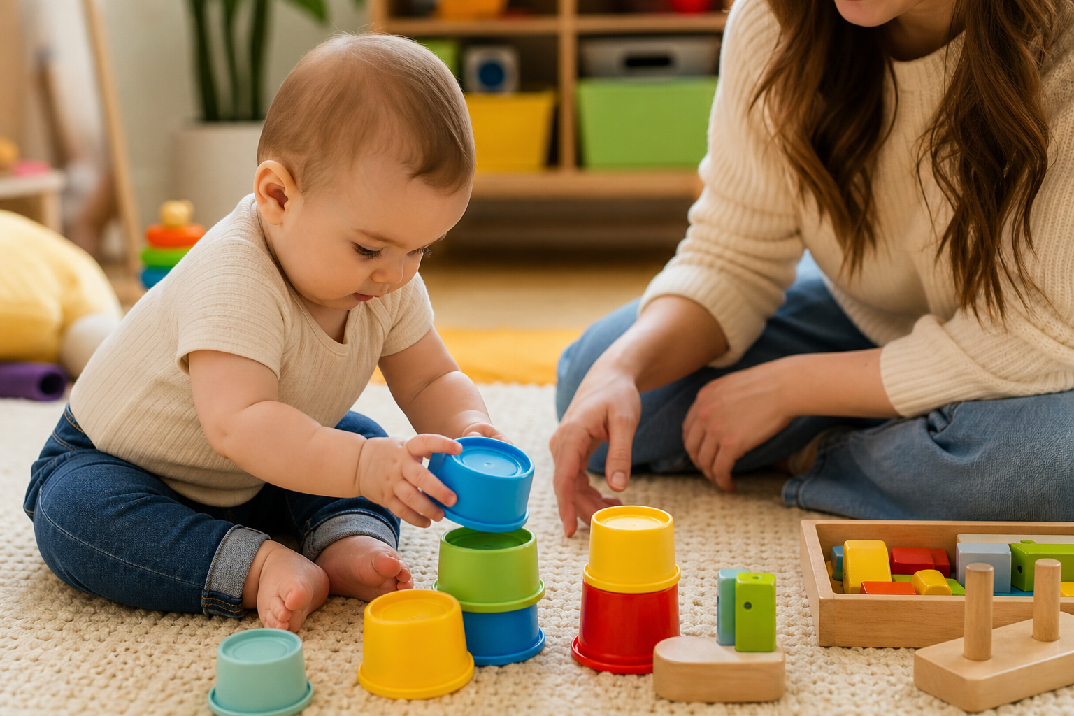 Baby Language Milestones and Speech Development 17 baby language milestones - baby playing with colorful toys with parent