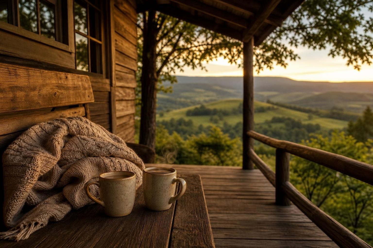 Babymoon Ideas: Simple, Joyful Getaways to Savor Before Baby 16 A cozy cabin getaway at golden hour — a wooden porch with two steaming mugs and a soft blanket overlooking calm rolling hills, a restful babymoon scene