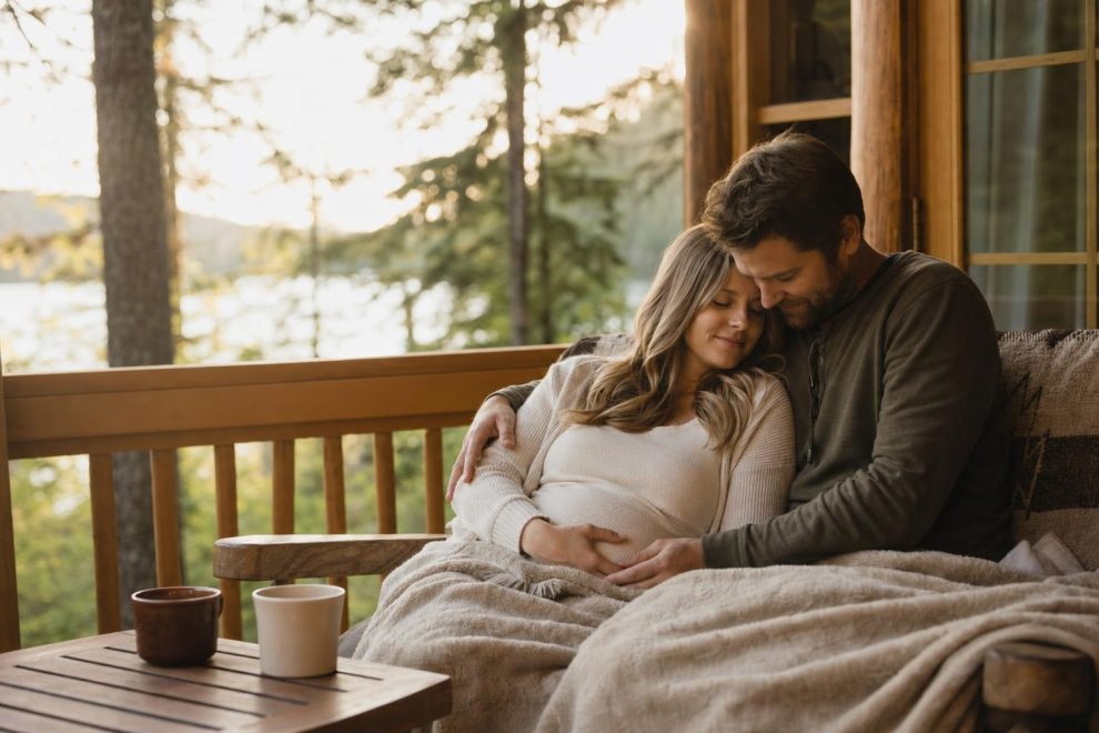 Babymoon Ideas: Simple, Joyful Getaways to Savor Before Baby 15 Babymoon ideas captured in a calm scene — a couple's getaway with a cozy cabin porch, two coffee mugs, a soft blanket, and a pregnant woman resting with her partner in warm light.