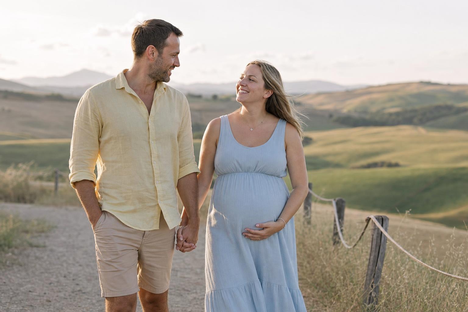 Babymoon Ideas: Simple, Joyful Getaways to Savor Before Baby 17 A pregnant woman and her partner on a gentle scenic walk during their getaway, smiling, with rolling hills and soft afternoon light behind them.