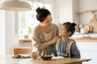 A parent and child easing into their back to school routine together in the morning before the first day of school