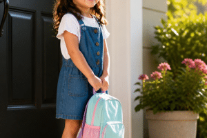 school readiness child ready for first day of school with backpack excited
