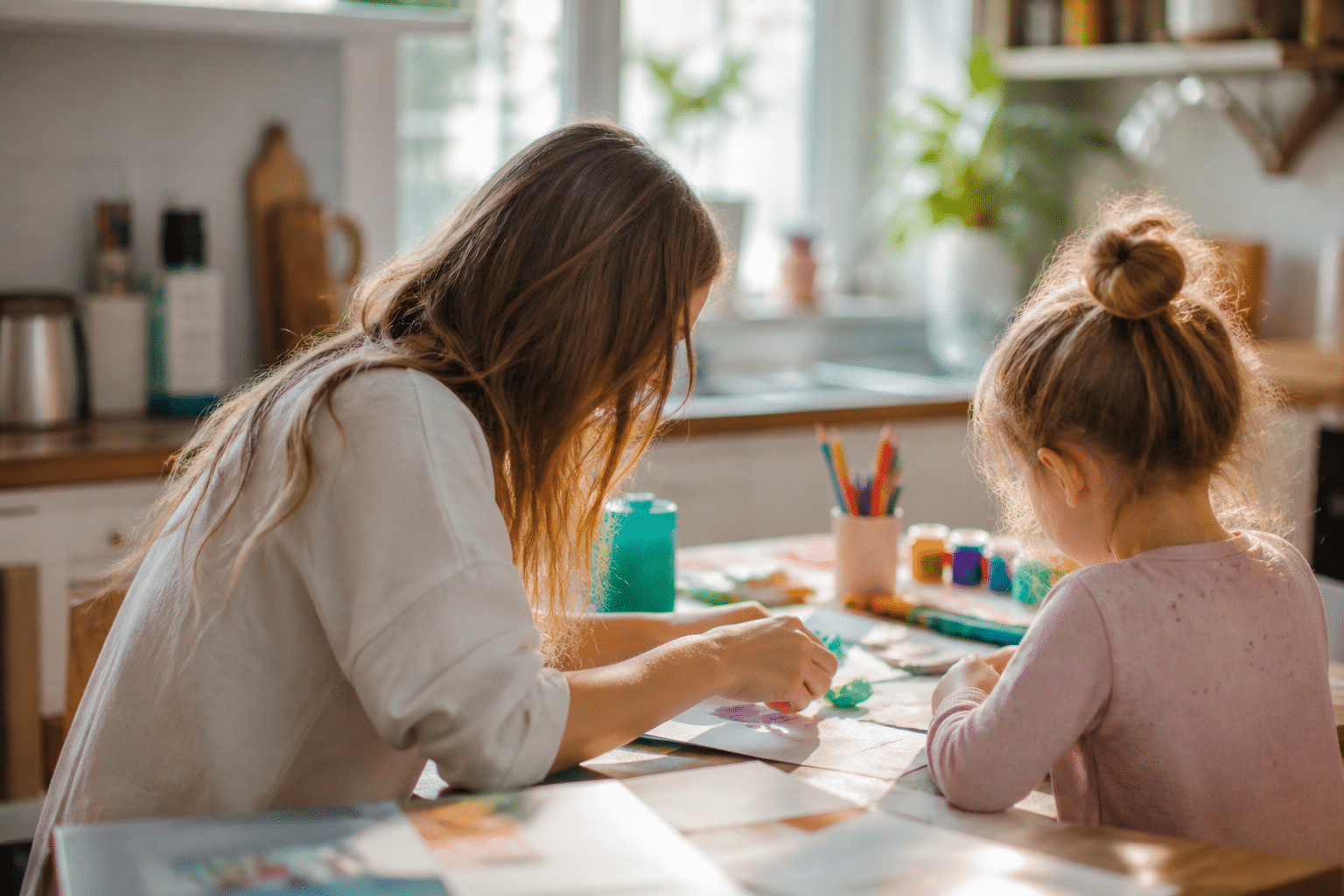 Parent and child doing a creative activity together, building their friendship