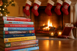 best christmas books for kids stacked near a cozy glowing fireplace