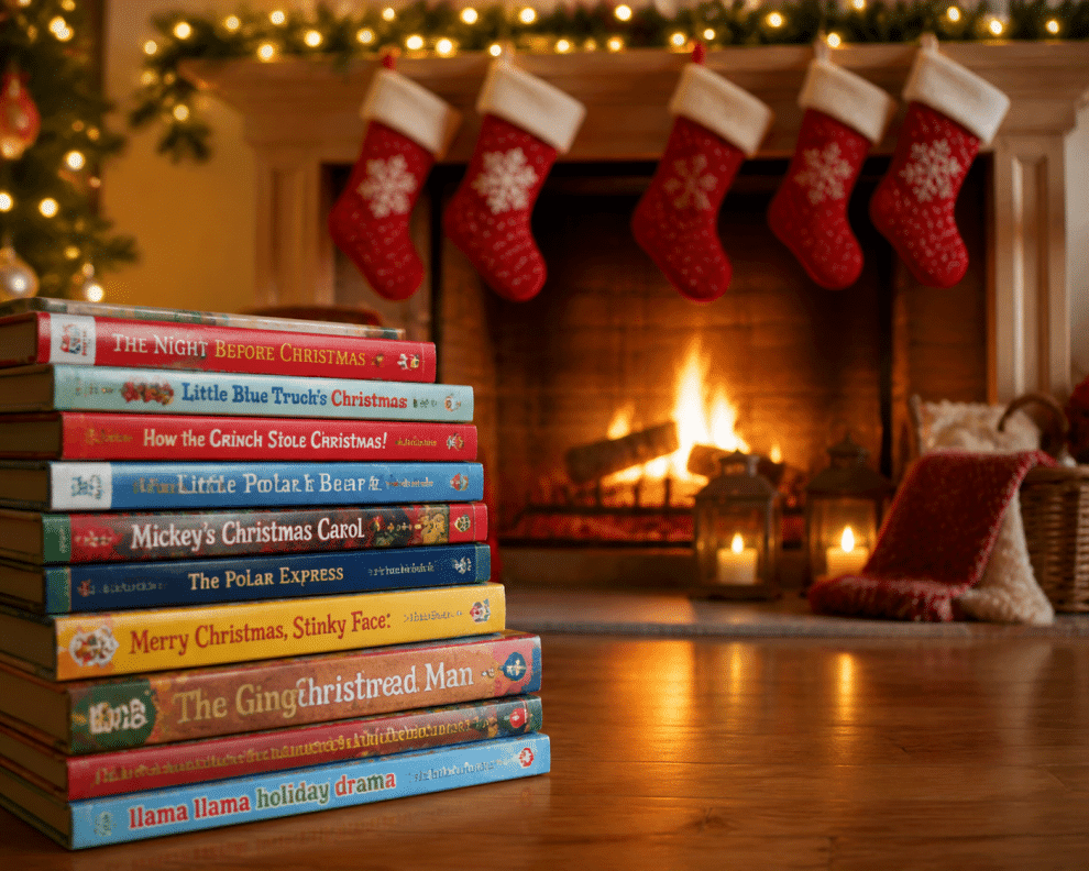 best christmas books for kids stacked near a cozy glowing fireplace