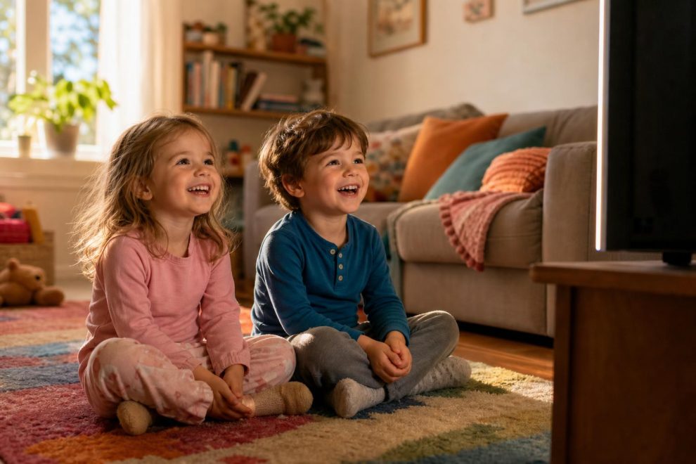 The Best Educational Shows for Preschoolers Right Now 15 Two preschoolers watching educational shows for preschoolers together on a cozy rug, smiling, warm natural light