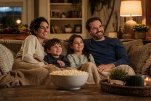 A cozy family movie night scene with parents and children snuggled together on a sofa, warm blankets and popcorn, illustrating the best family movies experience
