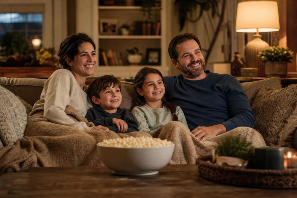 The Best Family Movies for Every Age and Every Mood 15 A cozy family movie night scene with parents and children snuggled together on a sofa, warm blankets and popcorn, illustrating the best family movies experience